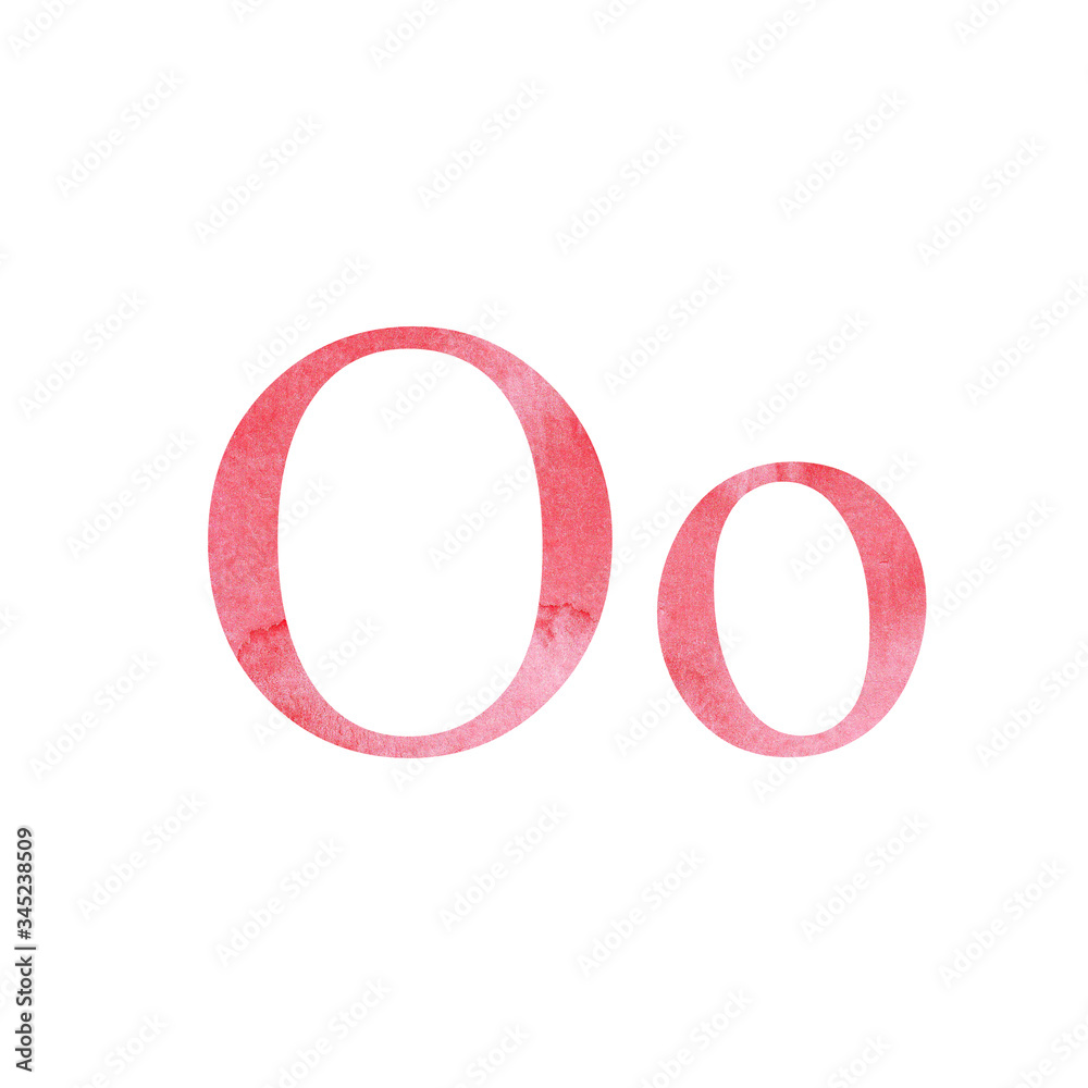 Red watercolor letter O isolated on white background. single element of the alphabet. for design card, invitation poster Red watercolor letter O isolated on white background. single element of the alphabet. for design card, invitation poster