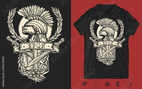 Soldier gladiator art. Italian history. Symbol of war, courage, strength. Spartan helmet, roman shield, crossed swords and laurel wreath. One color creative print for dark clothes. T-shirt design