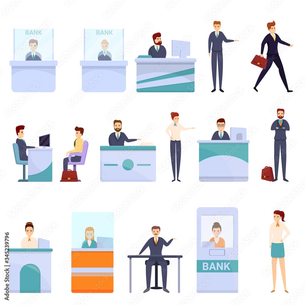 Bank teller icons set. Cartoon set of bank teller vector icons for web design Bank teller icons set. Cartoon set of bank teller vector icons for web design
