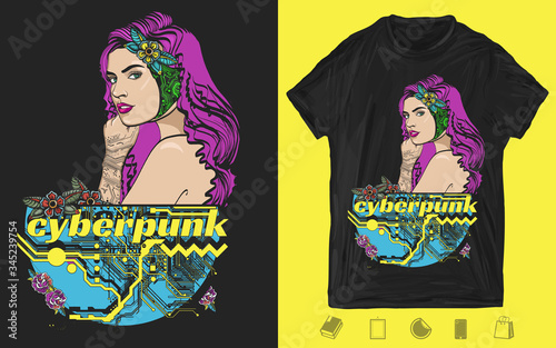 Cyberpunk girl pop art style. Robot woman portrait. Creative print for dark clothes. T-shirt design. Template for posters, textiles, apparels