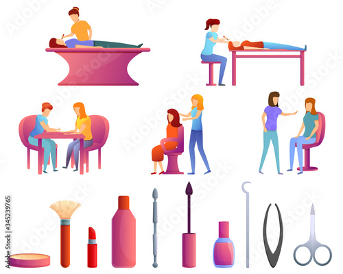 Beautician icons set. Cartoon set of beautician vector icons for web design