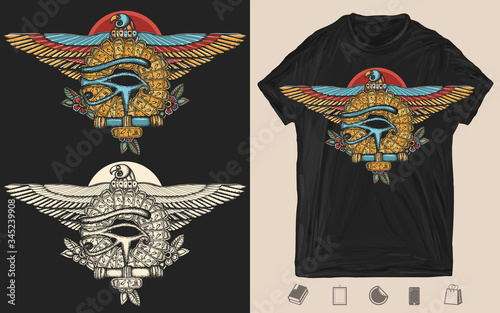 Ancient Egypt art. Sacred golden eagle and sun. Horus eye and egyptian falcon. Creative print for dark clothes. T-shirt design. Template for posters, textiles, apparels photo
