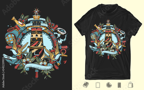Lighthouse. Beacon, steering wheel, shark, anchor. Creative print for dark clothes. T-shirt design. Template for posters, textiles, apparels