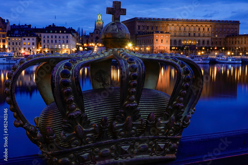 Stockholm, Sweden A crown adorns the middle of the bridge to Skeppsholmen island. photo