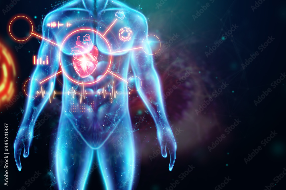 A hologram in the heart of a person, heart disease. Future Healthcare Hi Tech Diagnostic Panel. Modern medical science in the future. 3D illustration, 3D rendering.