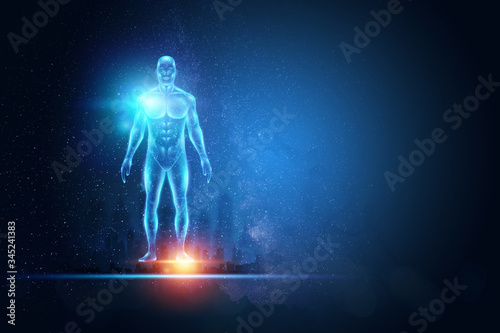 Hologram human body healthcare future. Modern medical science in the future. 3D illustration, 3D rendering.