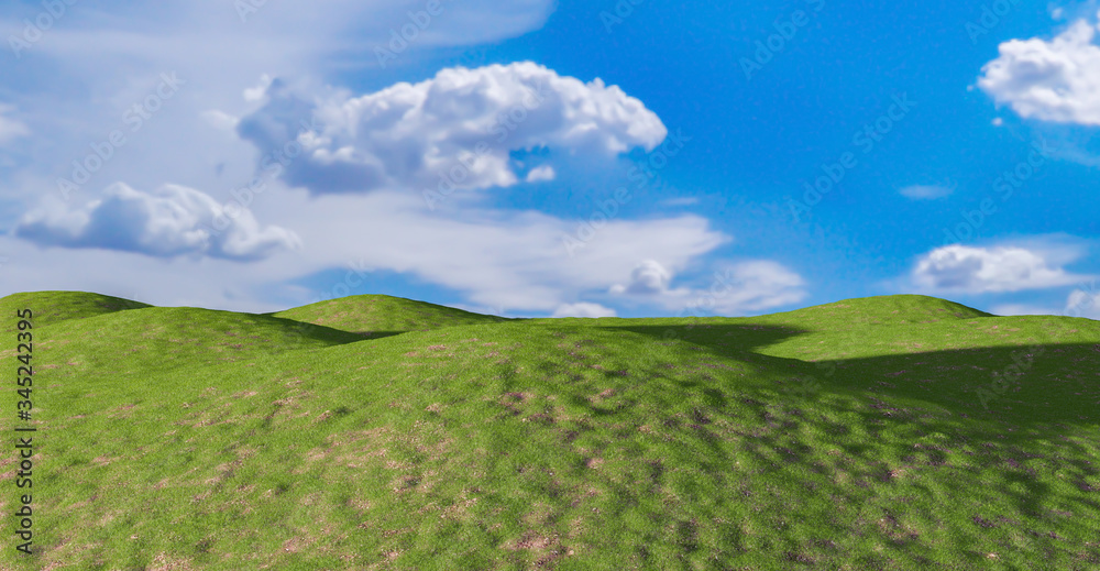 Beautiful landscape with a green grass field hills and the blue sky on the background, 3D rendering.