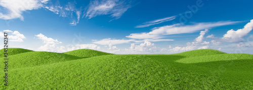 Green grass field on small hills with blue sky and clouds. 3D rendering.