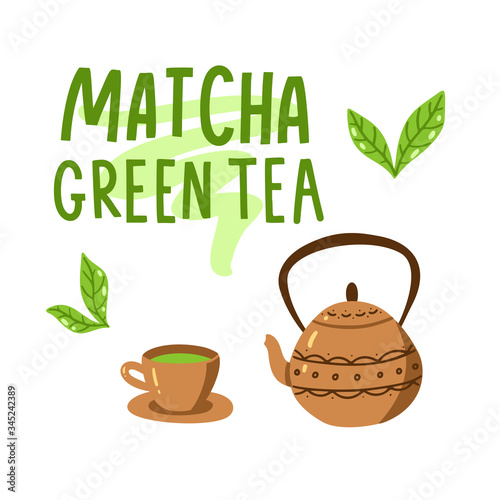 Matcha green tea quote isolated on white background. Matcha hand drawn lettering