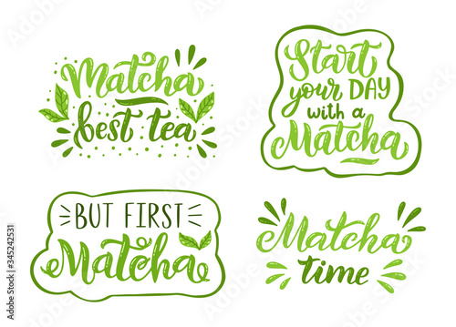 Matcha green tea quote set isolated on white background. Matcha hand drawn lettering phrase for logo