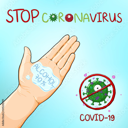 Corona Virus 2020,Covid-19. Promoting hygiene with alcohol disinfection and hand washing. Alcohol to stop the coronavirus outbreak. Vector illustration.
