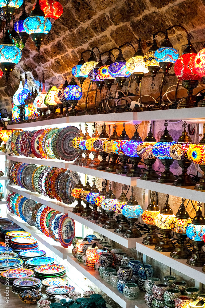 Gift shop with a variety of Turkish lamps for sale. Kotor, Montenegro
