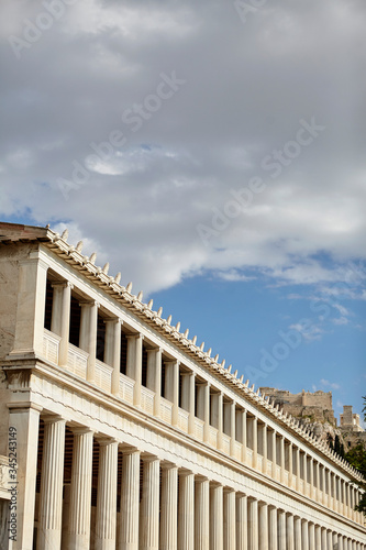 Stoa of attalos at monastiraki, parthenon acropolis on the background