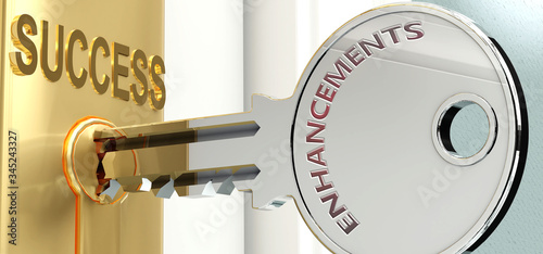 Enhancements and success - pictured as word Enhancements on a key, to symbolize that Enhancements helps achieving success and prosperity in life and business, 3d illustration