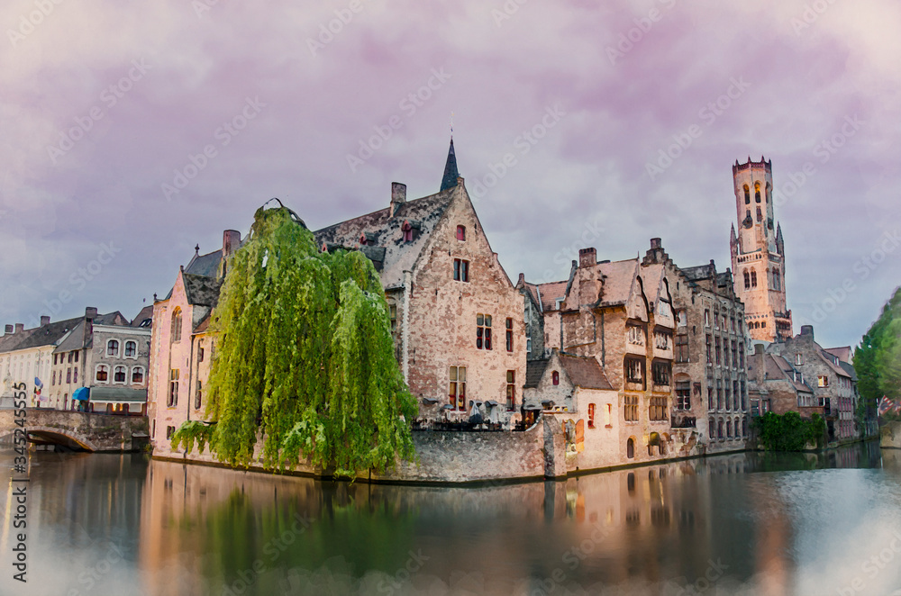 Fototapeta premium Watercolor painting effect of photo with view on Bruges old town and Belfry tower with pink sky during twilight, Bruges, Belgium. Watercolor illustration of view from famous viewpoint in Bruges.