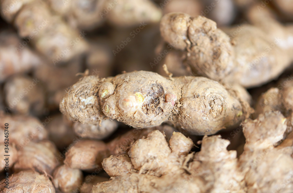 Ginger root on the counter in the market.