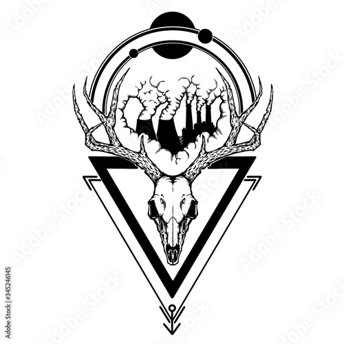 deer skull and factory smoke with triangle shape vector illustration for tattoo, printing on t-shirts, posters and other items. animal skeleton drawing. wildlife tattoo symbol design.