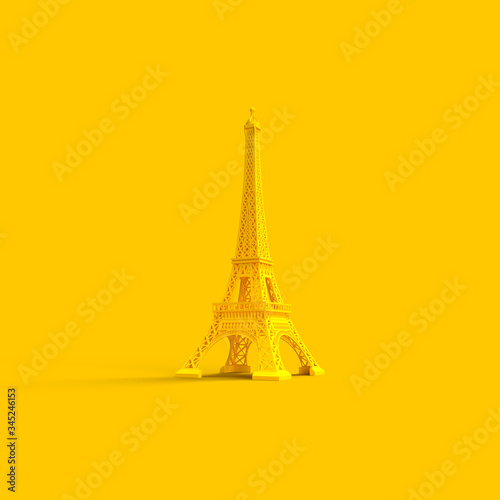 abstract 3d render of eiffel tower in Paris. Travel concept design on yellow background