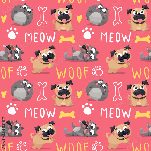 Seamless cute vector animal pet pattern with pug dogs and cats, paw and bone, meow and woof photo