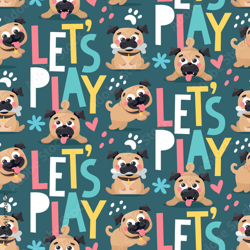 Seamless cute vector animal pattern with pug dogs Lets play