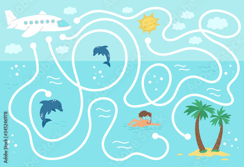 Summer maze for children. Preschool exotic activity. Funny puzzle with cute airplane, swimming boy, dolphins. Help the plane fly to the tropical island. Holiday game for kids. Printable activity.