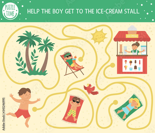 Summer maze for children. Preschool beach holidays activity. Funny puzzle with cute boy, ice-cream stall, sunbathing people. Holiday game for kids. Printable activity with ice cream kiosk.