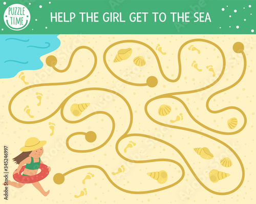 Summer maze for children. Preschool beach holidays activity. Funny puzzle with cute girl, seashells, foot prints on sand. Holiday game for kids. Printable activity with child running to the sea.