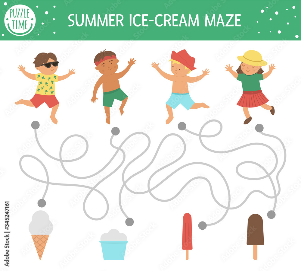 Summer maze for children. Preschool beach holidays activity. Funny puzzle with cute boys, girl and ice-cream. Holiday game for kids. Printable activity with child and ice cream. Summer maze for children. Preschool beach holidays activity. Funny puzzle with cute boys, girl and ice-cream. Holiday game for kids. Printable activity with child and ice cream.