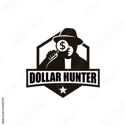 Dollar hunter logo concept. Detective holding a magnifying glass.