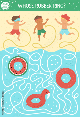 Summer maze for children. Preschool beach holidays activity. Funny puzzle with cute boys and inflatable rubber rings. Holiday game for kids. Printable activity with child, sand and water.