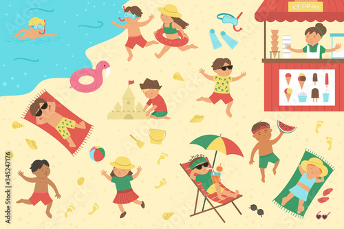 Vector scene with children playing on the beach and doing summer activities. Cute girls and boys swimming, playing ball, constructing sandcastle and lying in the sun. Fun summer illustration.