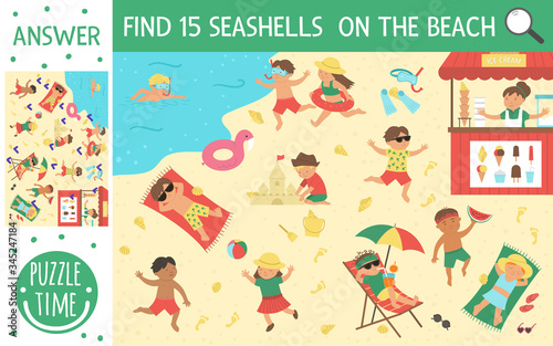 Vector searching game with children playing on the beach and doing summer activities. Find hidden seashells in the sand. Simple fun summer printable activity for kids.
