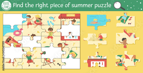 Find the right piece of summer jigsaw puzzle. Vector beach holidays cut and glue or sticker activity for children. Sea vacation educational crafting game with cute animal characters. . © Lexi Claus