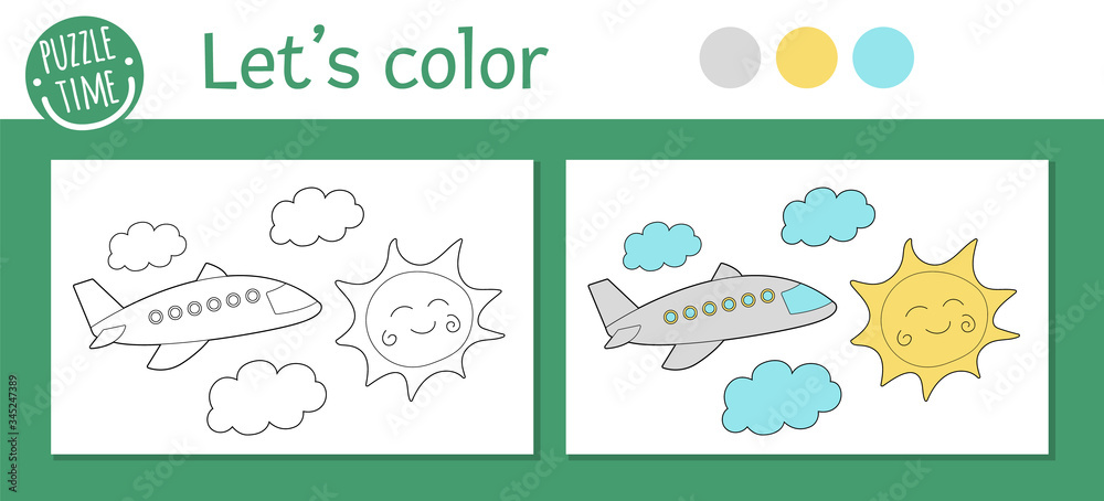 Summer coloring page for children. Cute funny plane flying among the clouds and sun. Vector beach holidays outline illustration. Sea vacation color book for kids with colored version and example.