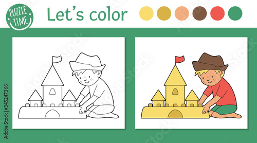 Summer coloring page for children. Cute funny kid building sandcastle. Vector beach holidays outline illustration. Sea vacation color book for kids with colored version and example.