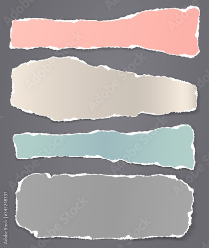 Pieces of torn, ripped horizontal colorful paper with soft shadow are on black background for text. Vector illustration