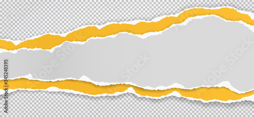 Torn, ripped pieces of horizontal white and yellow paper with soft shadow are on squared grey background for text. Vector illustration
