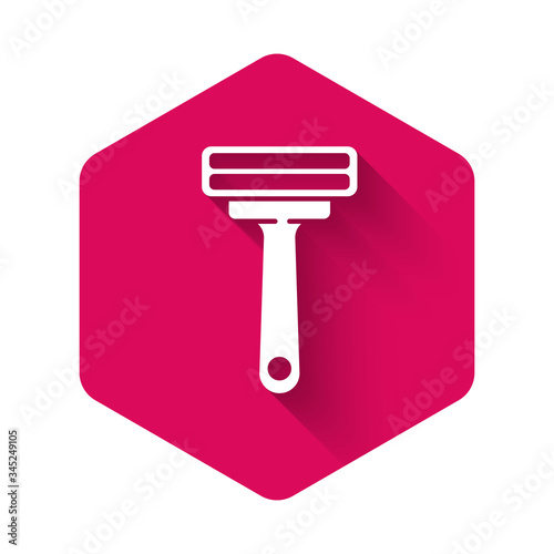 White Shaving razor icon isolated with long shadow. Pink hexagon button. Vector Illustration
