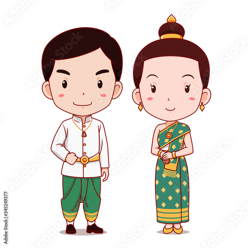 Cute couple of cartoon characters in Laos traditional costume.