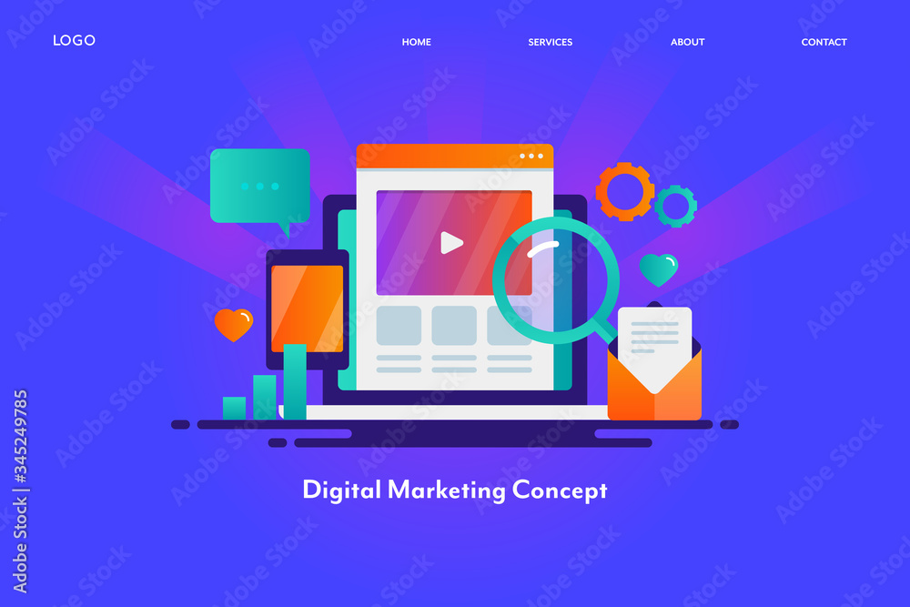 Digital marketing illustration, flat design concept of internet marketing including video content promotion, seo and email newsletter marketing, data analytics. Digital marketing illustration, flat design concept of internet marketing including video content promotion, seo and email newsletter marketing, data analytics.