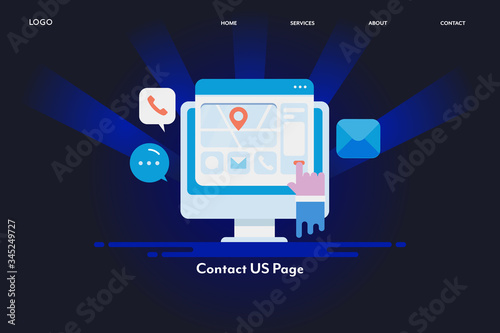 Website content us page displaying on computer screen with email, chat, phone, location and web form. Customer making an enquiry concept. Online business. © Sammby
