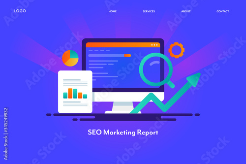 Seo audit, monthly digital marketing report, search marketing and data analysis with graph and chart, increasing revenue graph, online business concept.