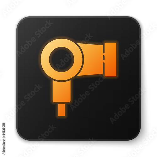 Orange glowing neon Hair dryer icon isolated on white background. Hairdryer sign. Hair drying symbol. Blowing hot air. Black square button. Vector Illustration