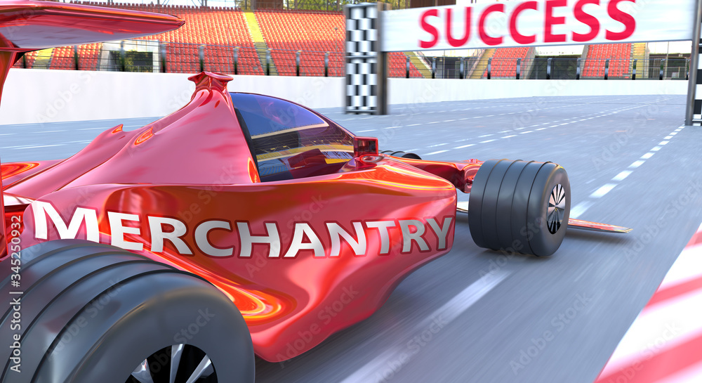 Merchantry and success - pictured as word Merchantry and a f1 car, to symbolize that Merchantry can help achieving success and prosperity in life and business, 3d illustration