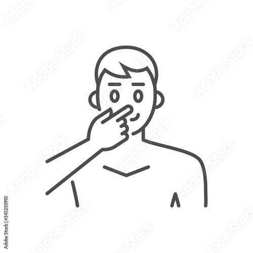 Avoid face touch related vector thin line icon. Man touches face with finger. Isolated on white background. Editable stroke. Vector illustration.