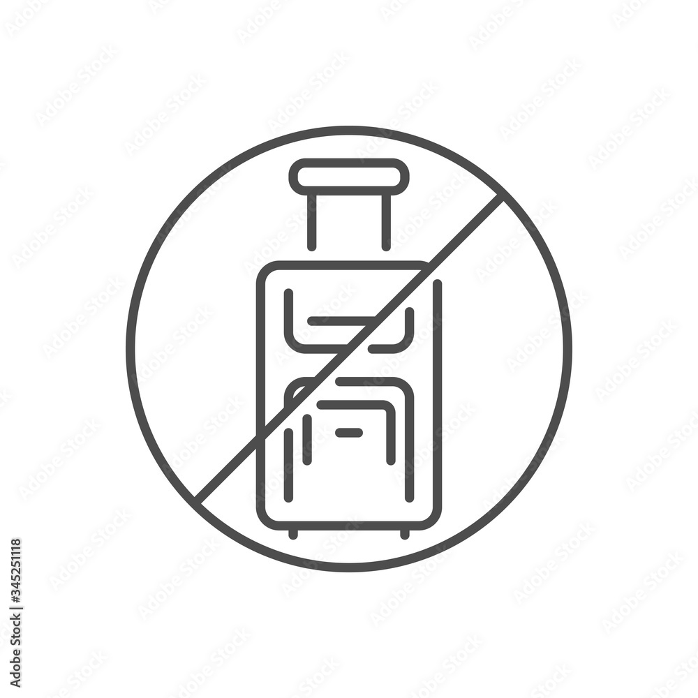 Avoid travel related vector thin line icon. Travel suitcase placed in prohibition sign. Isolated on white background. Editable stroke. Vector illustration.