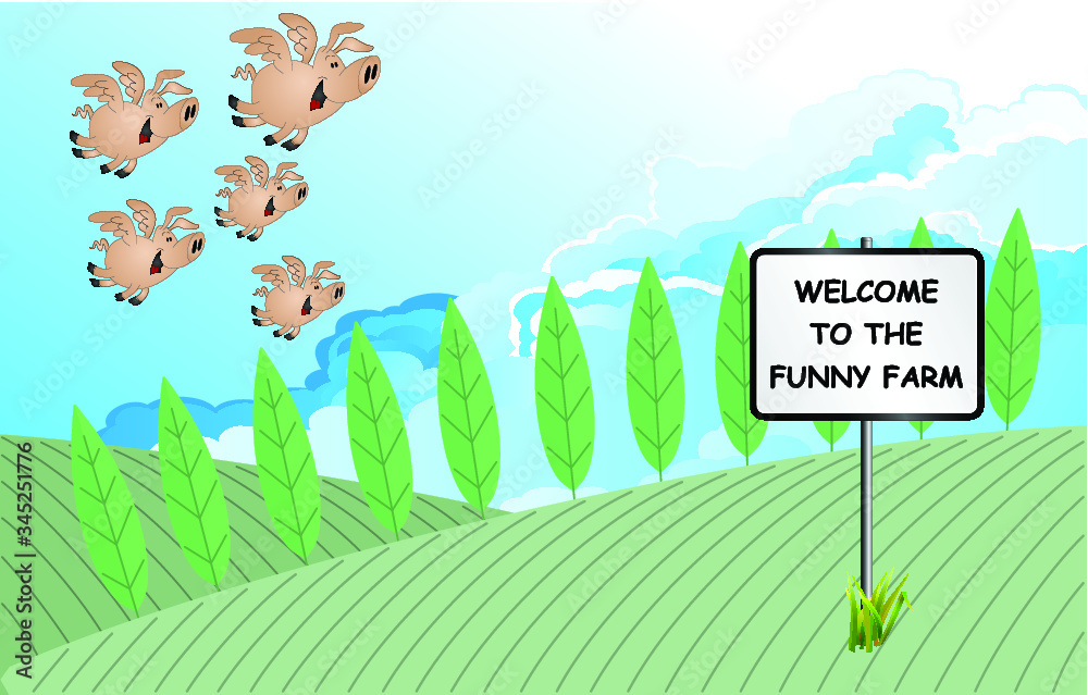 Comical welcome to the funny farm sign with flying pigs over farmland and cloudy sky