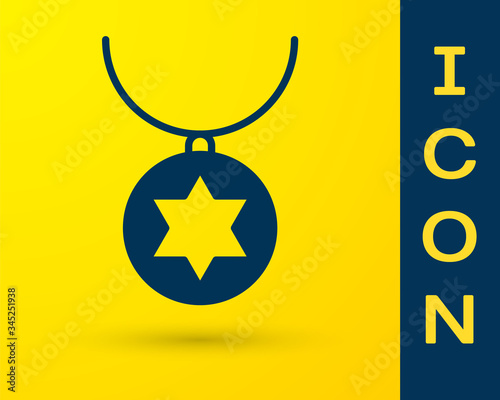 Blue Star of David necklace on chain icon isolated on yellow background. Jewish religion. Symbol of Israel. Jewellery and accessory.  Vector Illustration