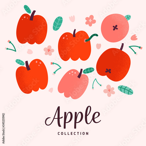 Red apples collection, doodle vector drawing, isolated vector illustration, fresh sweet summer fruit with blooming flowers and leaves, apple with worm, hand drawn flat style illustration