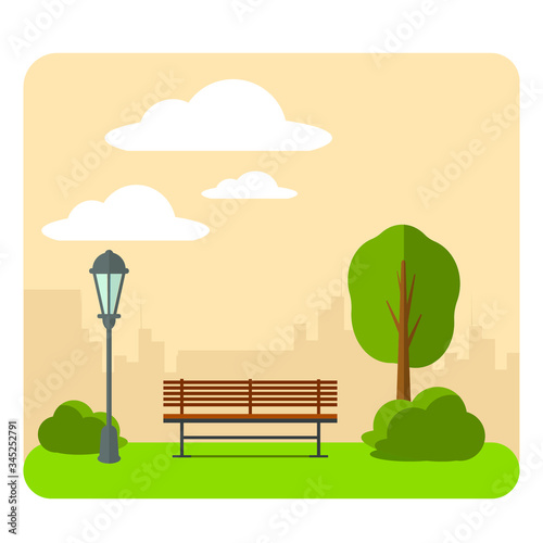 Bench and streetlight in the park. Vector illustration of a beautiful summer city park with town building background.